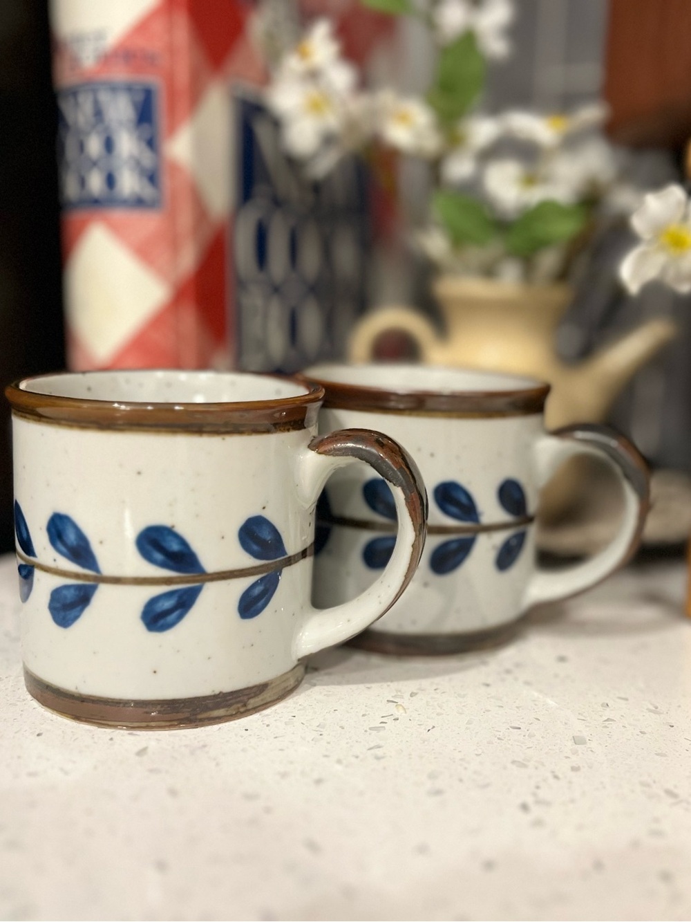 Stoneware Blue Leaf Ceramic Coffee Mug - White and Blue